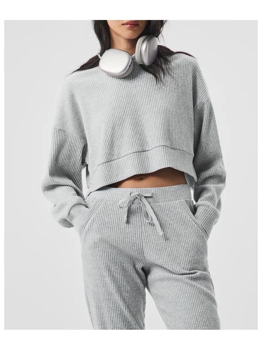 Alo Muse Hoodie Athletic Heather Gray Cropped Ribbed Oversized Athleisure SZ M